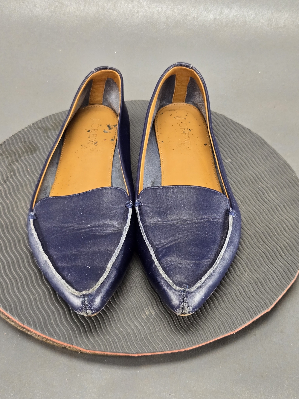 J. Crew Navy Pointed-Toe Flats with Tan Insole